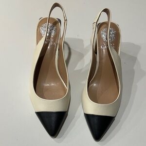 Vince Camuto Cream and Black Pointed Slingback Heels